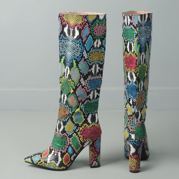 EUYZOU Colorful Slouchy Snakeskin Pattern Pointed-Toe Knee-High Boots Size 36 - Picture 2 of 7